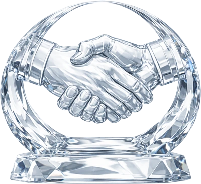 Detail rúk držiacich transparentný fazetovaný krištáľ s jemnou digitálnou sieťovou štruktúrou, symbolizujúci strategické partnerstvo a komplexný rast.